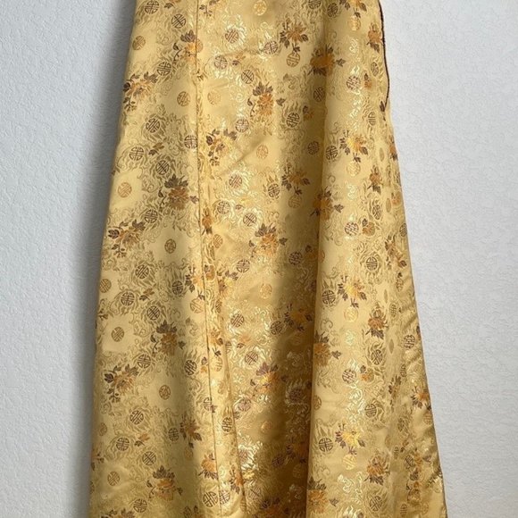 One Shoulder Formal Gown, Gold and Maroon Metallic Floral Brocade, Size 1/3 - Picture 10 of 15